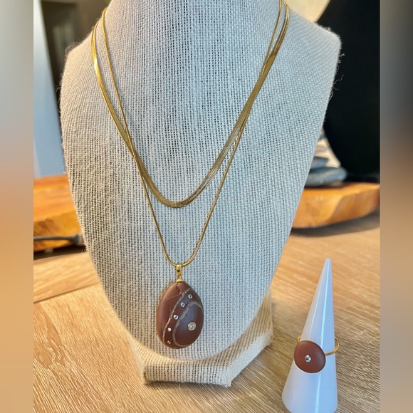 Handmade Red Jasper with CZ Diamonds Necklace Ring Set - Picture 4 of 10